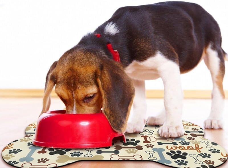 Dog Food Mats for Floors Waterproof, Pet Feeding Absorbent Water Bowl Mat Cat Placemats Beige Bone Shape 25.5 * 17 inch