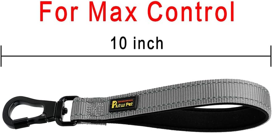PLUTUS PET Short Dog Leash, Reflective Nylon Padded Handle, Strong Traffic Leash with Carabiner Clip, Perfect for Large or Medium Dogs (10”,Gray)