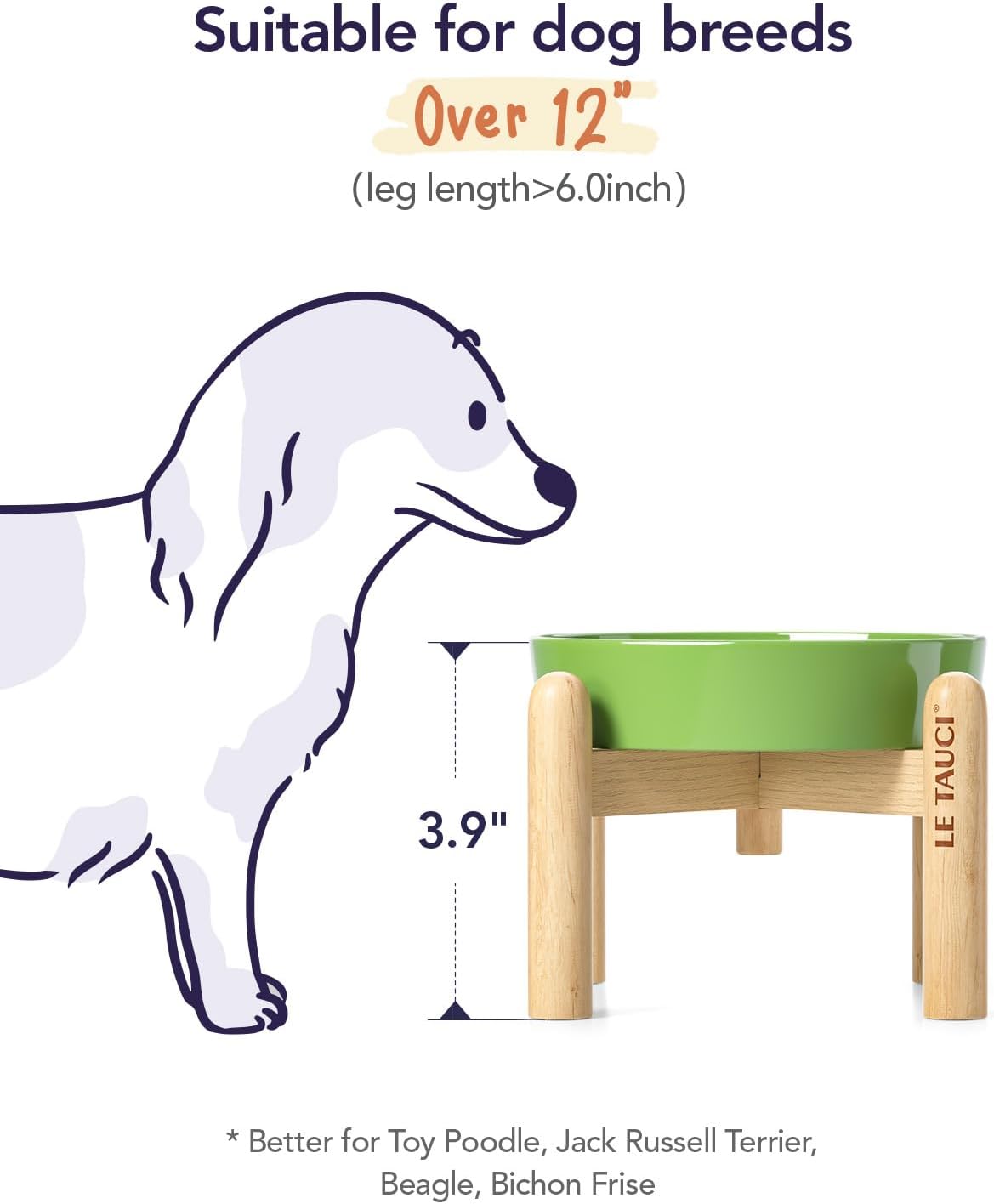 LE TAUCI Ceramic Slow Feed Dog Bowls, Elevated for Small Breeds, Anti-Gulping, Non-Slip, 6 inch, Green