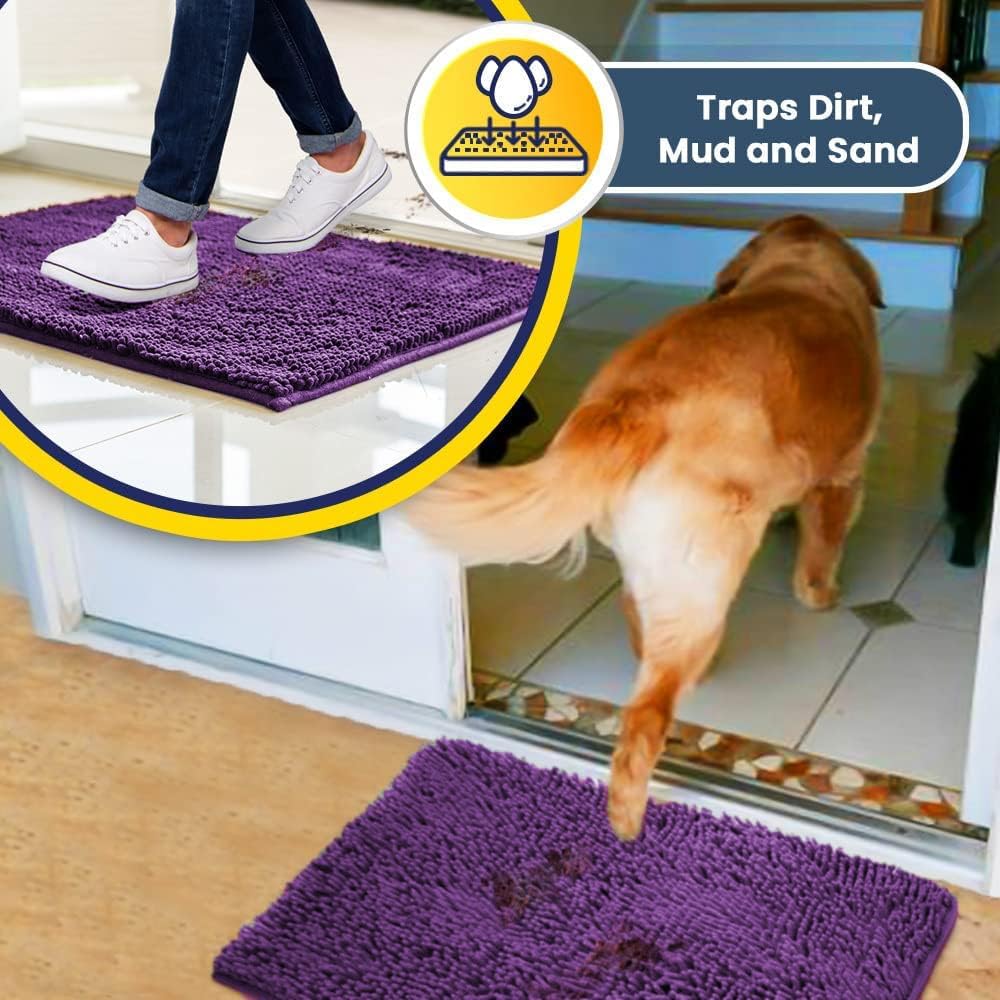 Muddy Mat® AS-SEEN-ON-TV Highly Absorbent Microfiber Door Mat and Pet Rug, Non Slip Thick Washable Area and Bath Mat Soft Chenille for Kitchen Bathroom Bedroom Indoor and Outdoor - Purple 24" x 72"