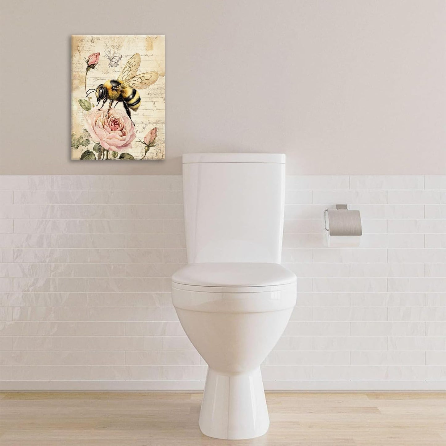 Rustic Bee Bathroom Pictures Wall Art, Vintage Floral Bathroom Wall Decor, Pink Rose Flower Framed Painting Canvas Artwork for Bedroom Living Room Decorations 20"L x 16"W