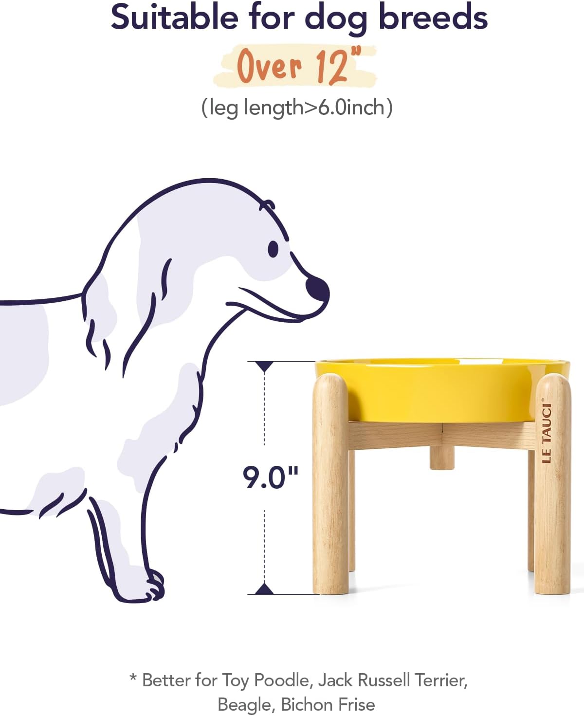 LE TAUCI Ceramic Slow Feeder Dog Bowls Elevated, 3 Cup Raised Bowl with Wooden Stand for Medium Large Breed, Slow Down Eating, Puzzle Dog Food Bowl, Star Yellow
