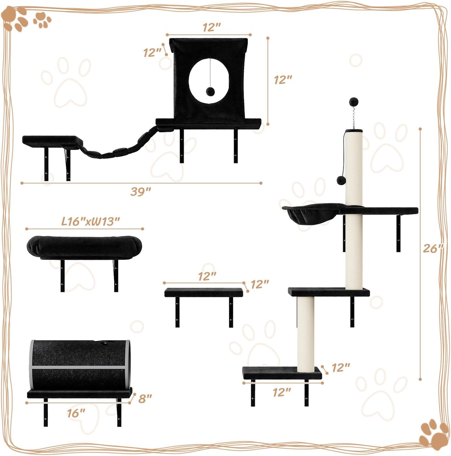 NUNU LAB Cat Wall Shelves Set, 7 Pcs Wall-Mounted Cat Climber with Cat House, Tunnel, Bridge, Scratching Post, Hammock, Wall Shelves, Black