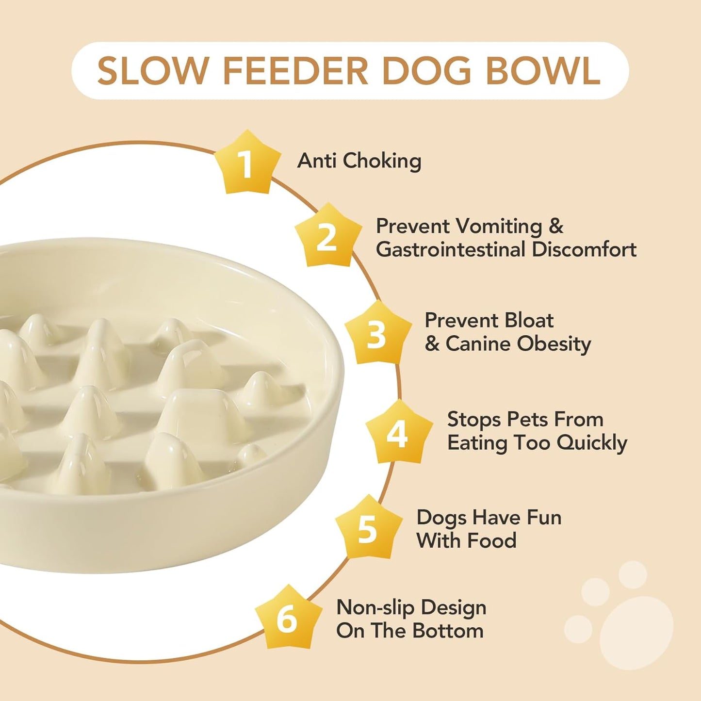 8.2inch Ceramic Dog Raised Slow Feeder Set, Elevated Bowl with Wooden Stand for Large and Medium Dog, Slow Feeder Dish for Fast Easters, Anti-Gulping(Beige, Single Bowl+ Stand)