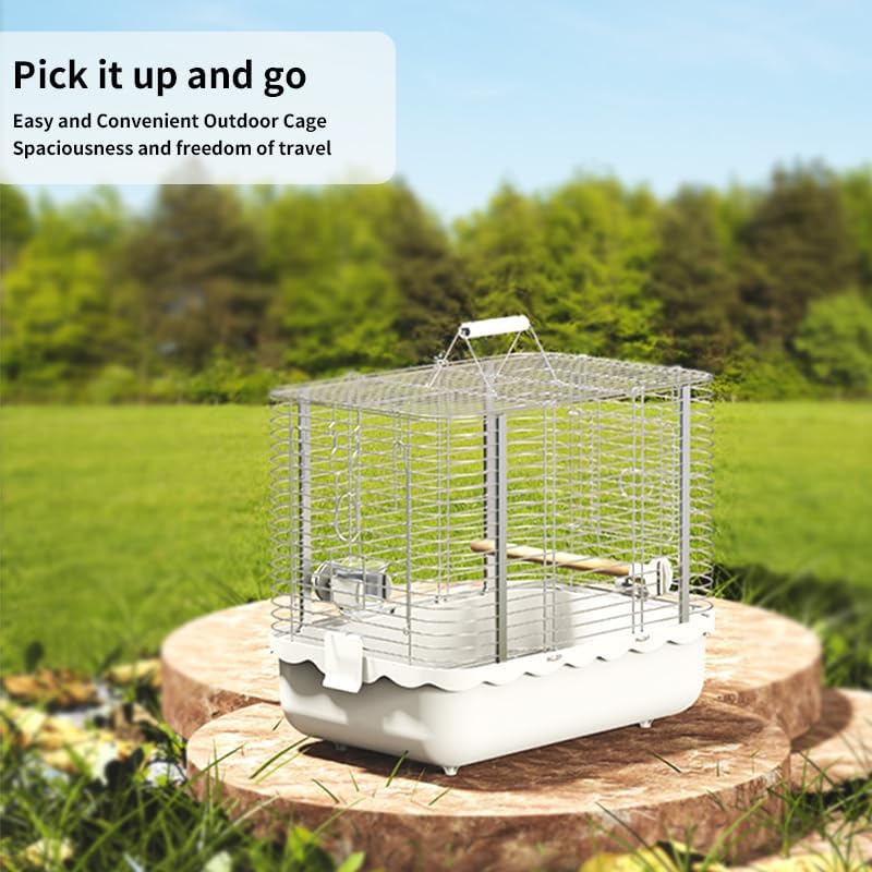 Bird Carrier Travel Cage, Durable Portable Stainless Steel Birdcage with Bird Perch & Feeding Bowl for Parrots Canaries Budgies Lovebirds Conures Cockatiels (Small White)