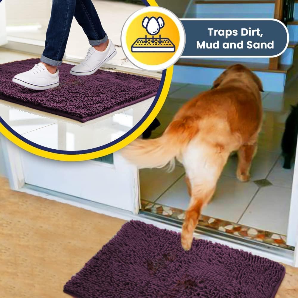 Muddy Mat® AS-SEEN-ON-TV Highly Absorbent Microfiber Door Mat and Pet Rug, Non Slip Thick Washable Area and Bath Mat Soft Chenille for Kitchen Bedroom Indoor and Outdoor - Dark Purple 24" x 72"