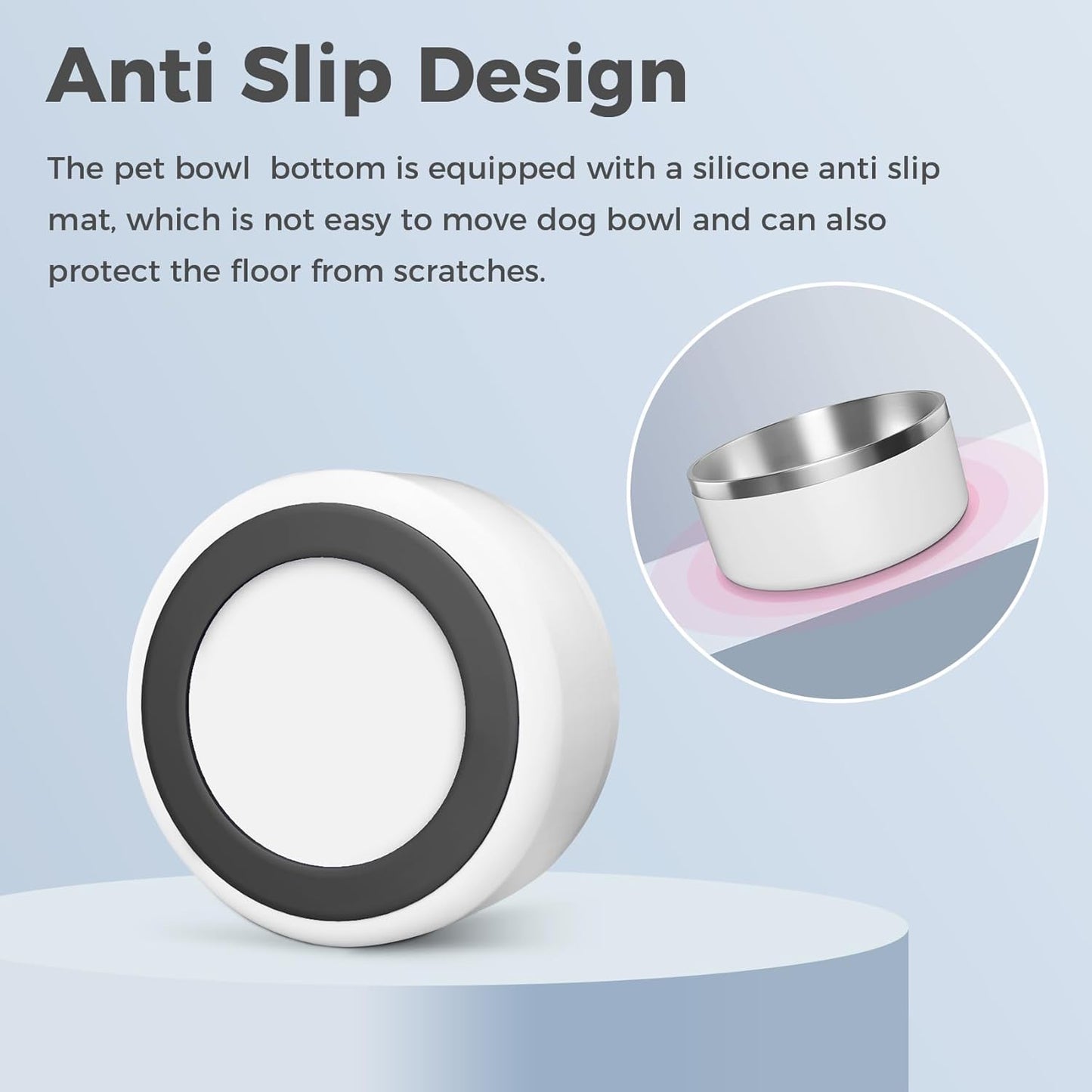 Dog Bowl, Stainless Steel Dog Food and Water Bowl with Non Slip Quiet Bottom, Easy to Clean, Dishwasher Safe, 64oz, White