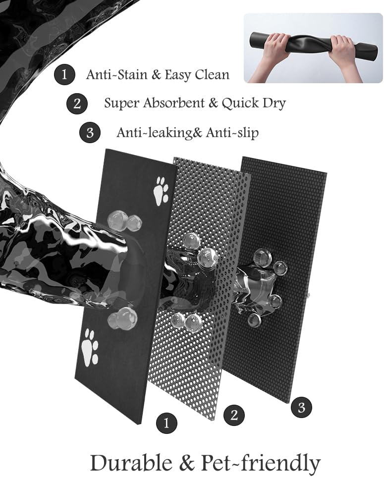 Pet Feeding Mat-Absorbent Dog Mat for Food and Water Bowl-No Stains Quick Dry Water Dispenser Mat-Dog Accessories Pet Supplies-Bowl for Messy Drinkers(Black,17"x34"