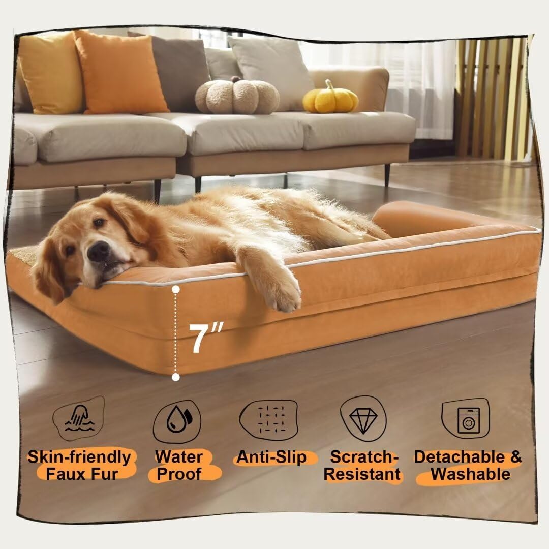 Large Dog Bed Orthopedic Washable, Orthopedic Dog Beds for Large Dogs, Washable Cover Removable Bolster and Non-Slip Bottom Pet Beds, XL XLarge Extra Large Dogs - Orange