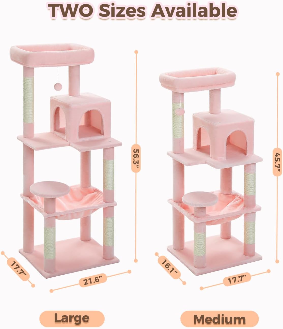 Cat Tree for Large Cats Adult with Metal Plush Big Hammock, 56.3" Cat Tower with 2 Door Condo House, 6-Tier Cat Shelves with Scratching Posts and Large Top Perch, Light Pink