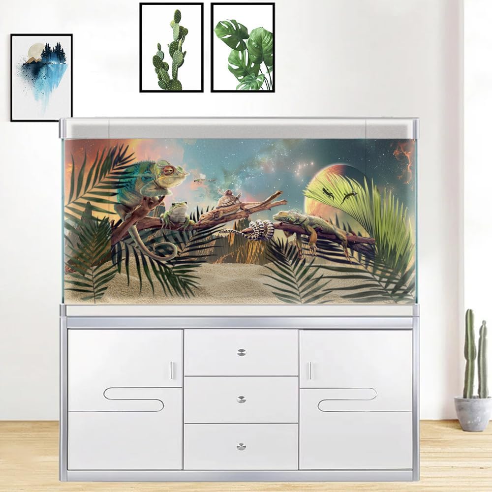 Cosmic Aquarium Background,Cool Galaxy Parallel Space Themed Fish Tank Background, Tropical Desert Terrarium Background 48X24IN with 8 EVA Double-Sided Tape