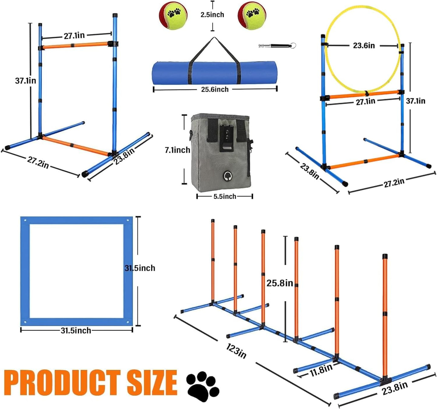 Dog Agility Equipment Set, Obstacle Courses Training Starter Kit Includes Adjustable High Jump Hurdle, Hoop, Weave Poles, Pause Box, Treat Pouch with Easy Carry Bag