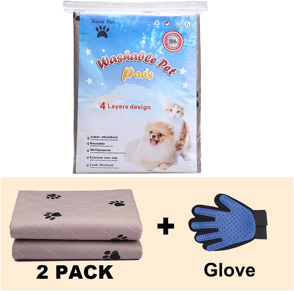 SincoPet Washable Dog Pee Pads with Puppy Grooming Gloves,Puppy Pads,Reusable Pet Training Pads,Large Dog Pee Pad,Waterproof Pet Pads for Dog Bed Mat,Super Absorbing Whelping Pads