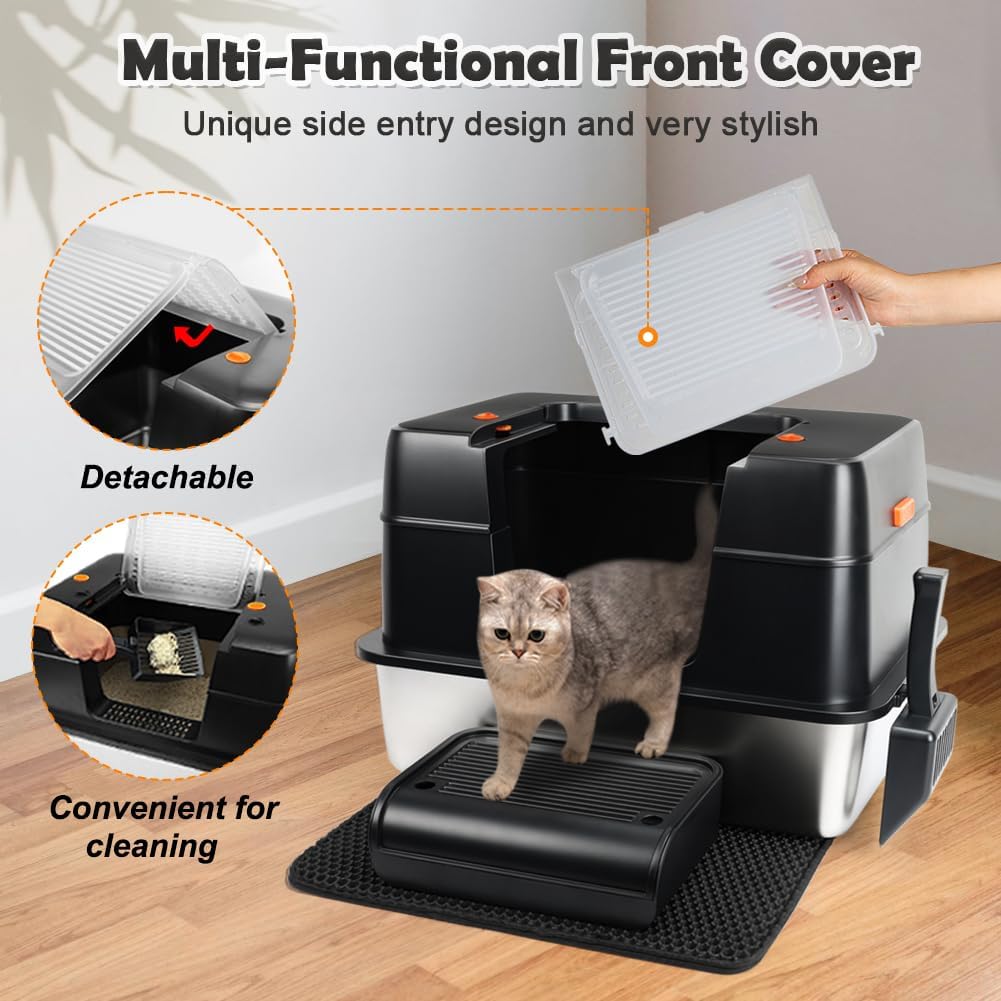 Vivifying Stainless Steel Litter Box, XL Side Entry Extra Large Litter Box with Lid for Big Cats & Kitty, Removable Enclosed Metal Cat Pan with High Sided Enclosure, Scoop, Mat, Footboard (Black)