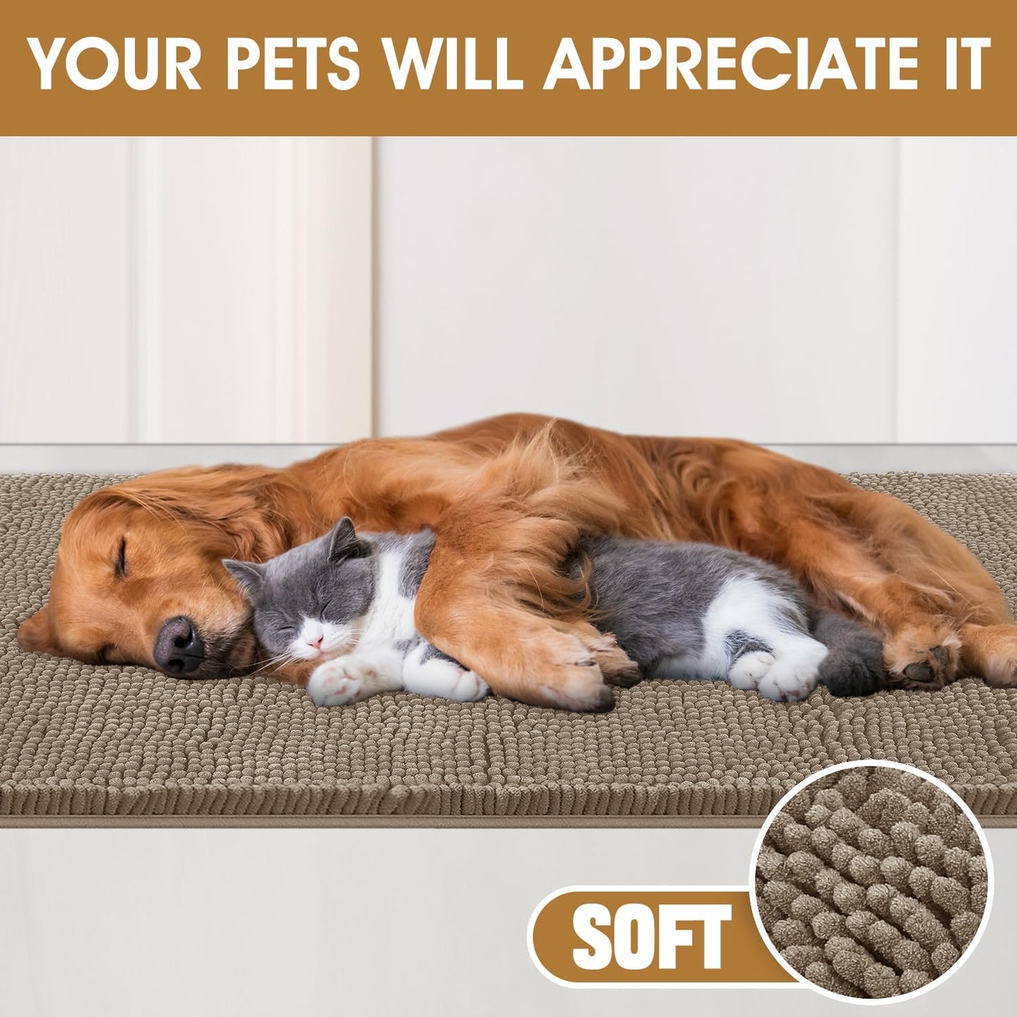 Dog Door Mats for Muddy Paws, Chenille Absorbent Dog Mats, Non Slip Heavy Mud Mat for Dogs, Soft Pet Mat for Entryway, Mud Paws, Inside Floor,36" x 24", Beige