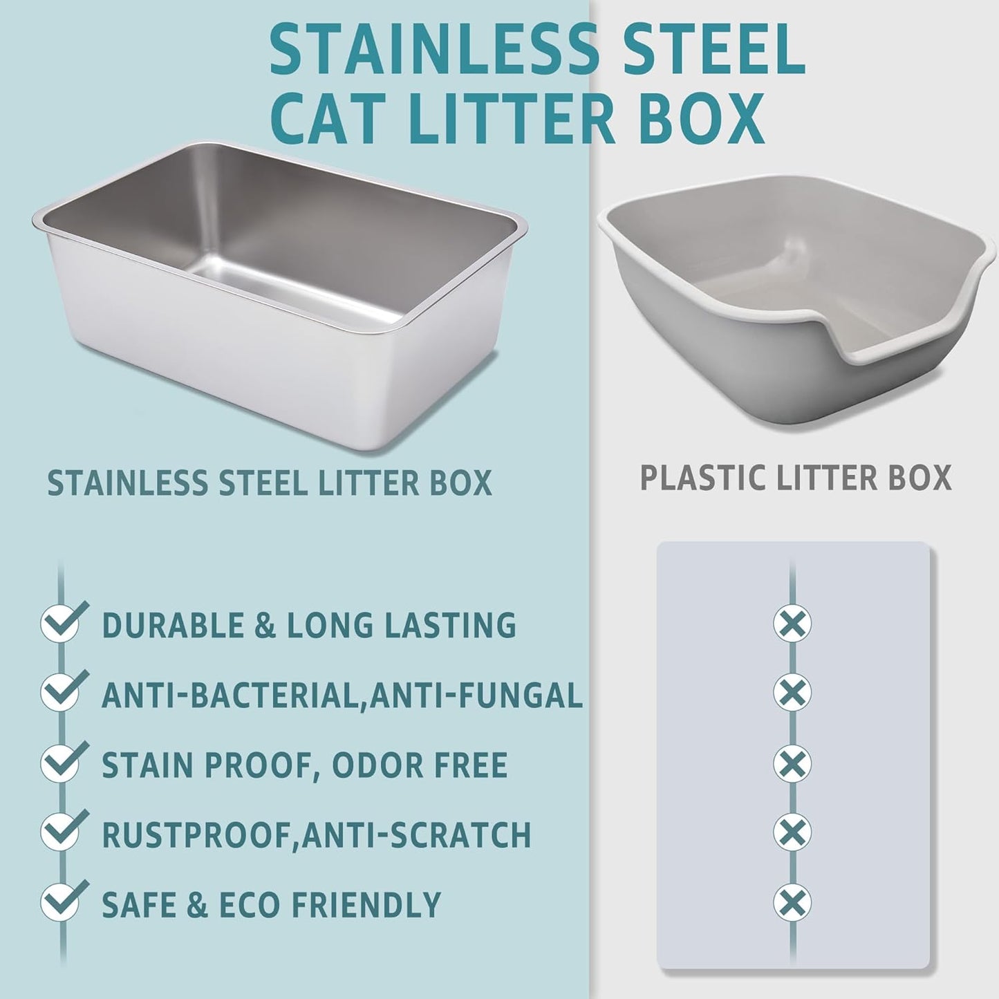 Stainless Steel Litter Box -6in High Side,Metal Litter Box for Cat/Kitty/Rabbits 17" L x 13.8" W x 6" H,Stainless Steel Cat LitterBox-Metal PanToilet,No Smell, Non Stick, Easy Clean.