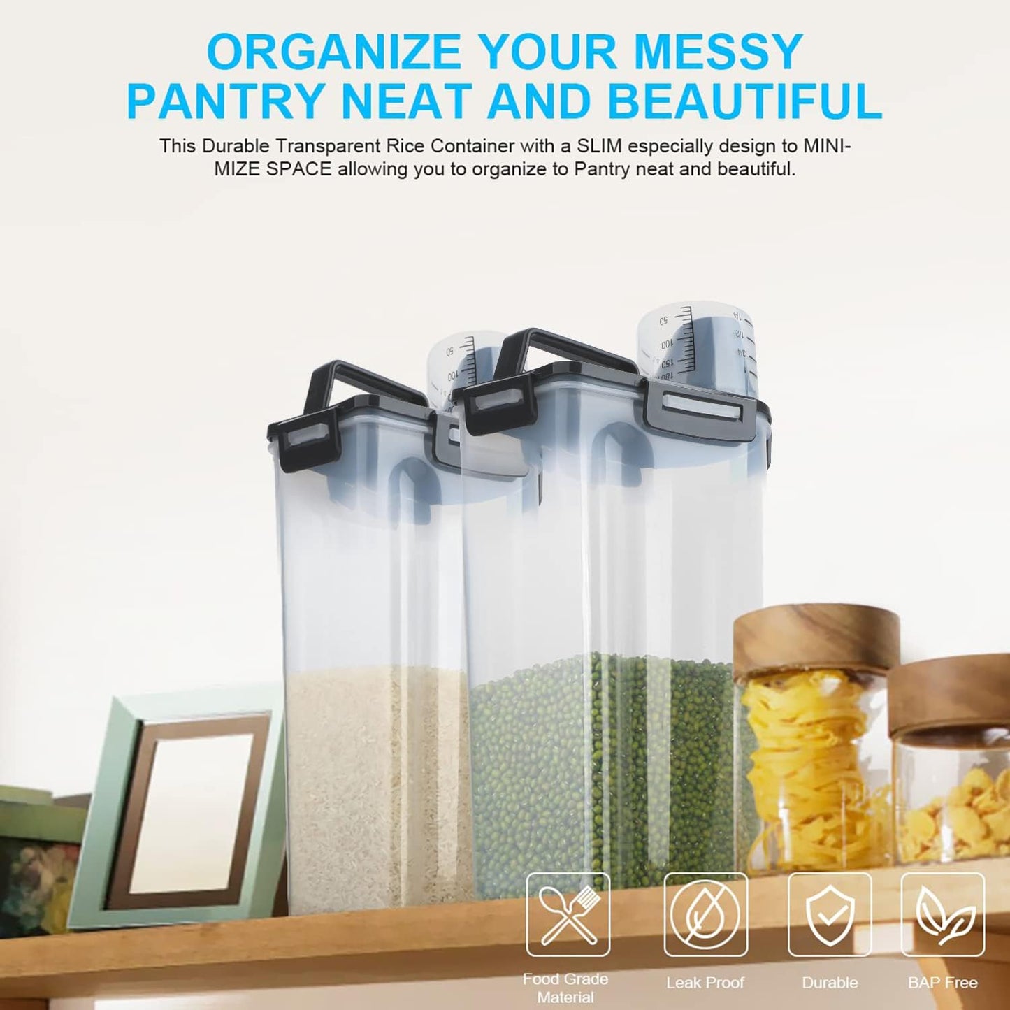 Rice Airtight Dry Food Storage Containers, BPA Free Plastic Storage Bin Dispenser with Pourable Spout, Measuring cup for Cereal, Flour and Baking Supplies, Include a Stainless Steel Whisk