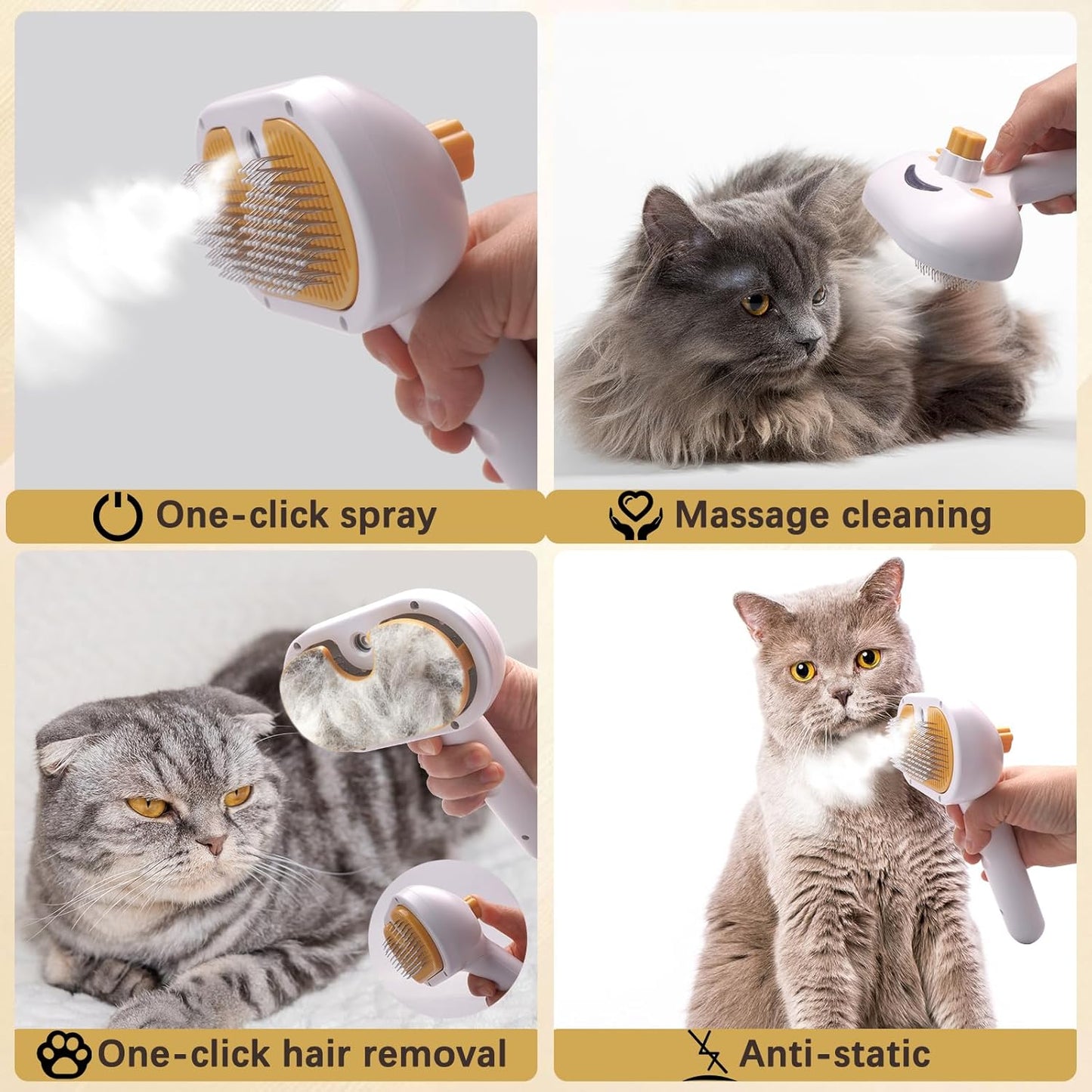 Pet Steam Brush for Cats and Dogs, 4 in 1 Spray Depilatory Comb, Cat Brush with Self-cleaning and Massage Functions Perfect for Long-haired and Short-haired Pets