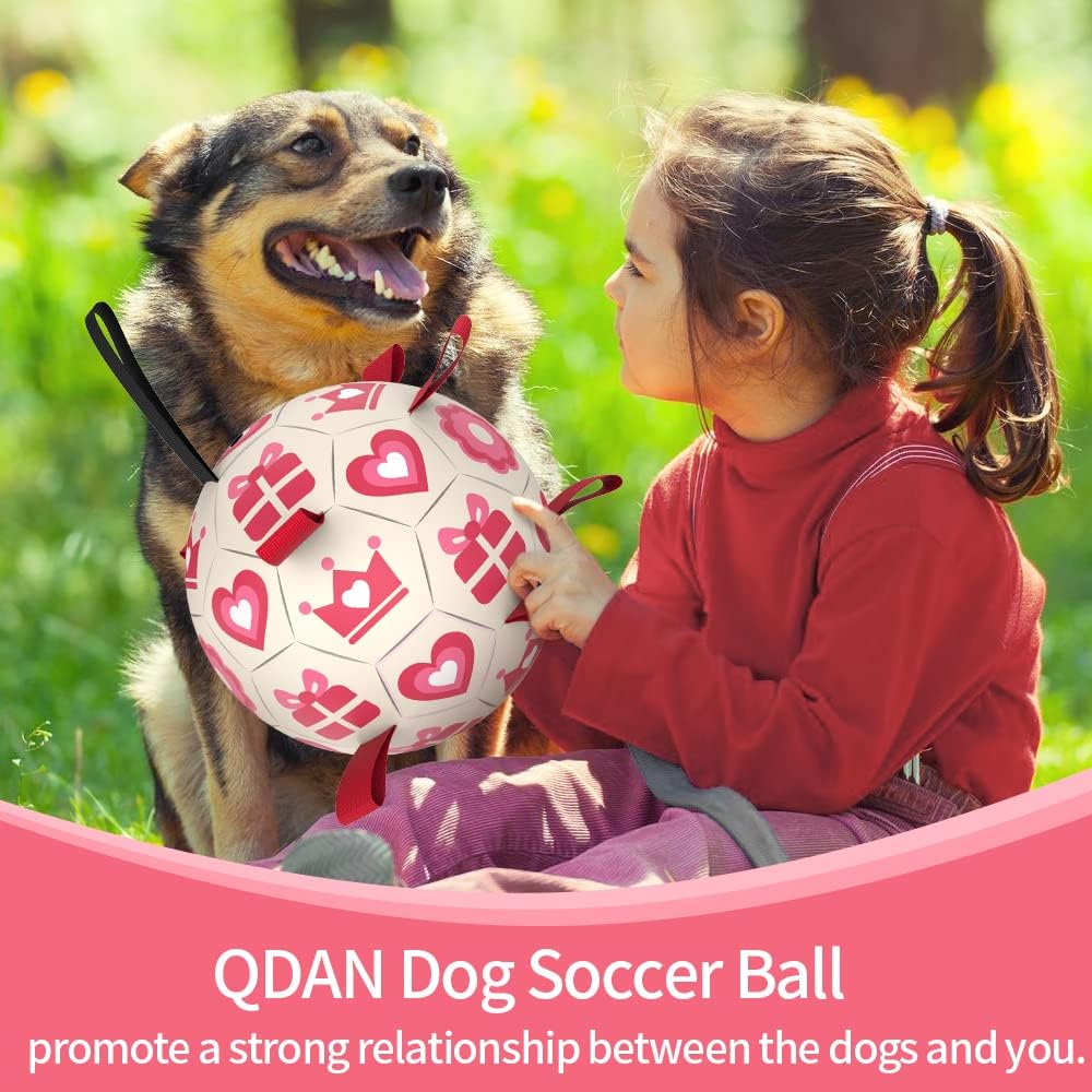 QDAN Pink Dog Toys Soccer Ball with Straps, Interactive Tug of War Toy, Puppy Birthday Gifts, Water Toy, Durable Dog Balls for Medium Large, Valentines Gift (8 Inch)