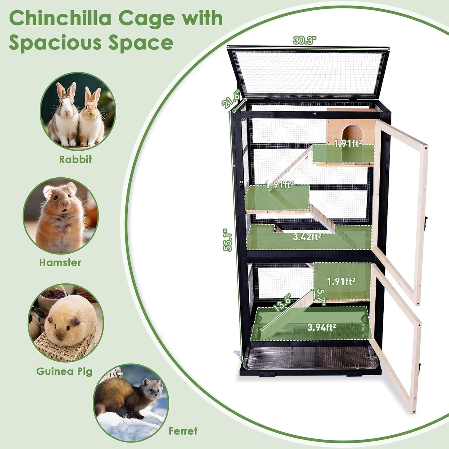 Chinchilla Cage Large Critter Nation Enclosure for Squirrel Chameleon Ferret Rat Guinea Pig Rabbit with Ramps, Chew-Proof Ramps & Slide-Out Tray
