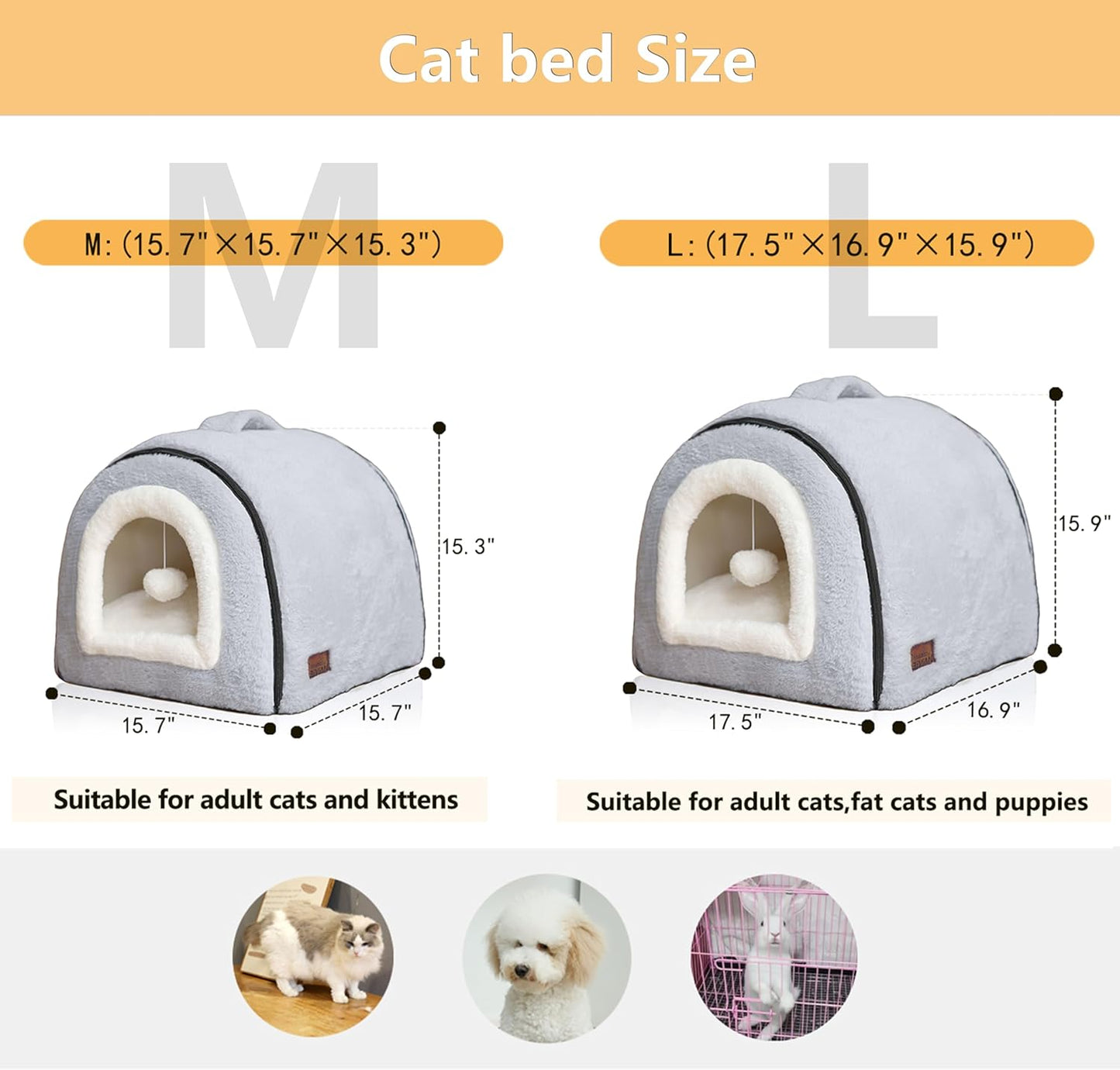 Cat Bed for Indoor Cats,Foldable cat cave,Anti-Slip & Water-Resistant Bottom,cat Houses for Indoor Cats or Small Dogs, Kitten Tent, Rabbit Bed,2 in 1 pet Bed (Grey)