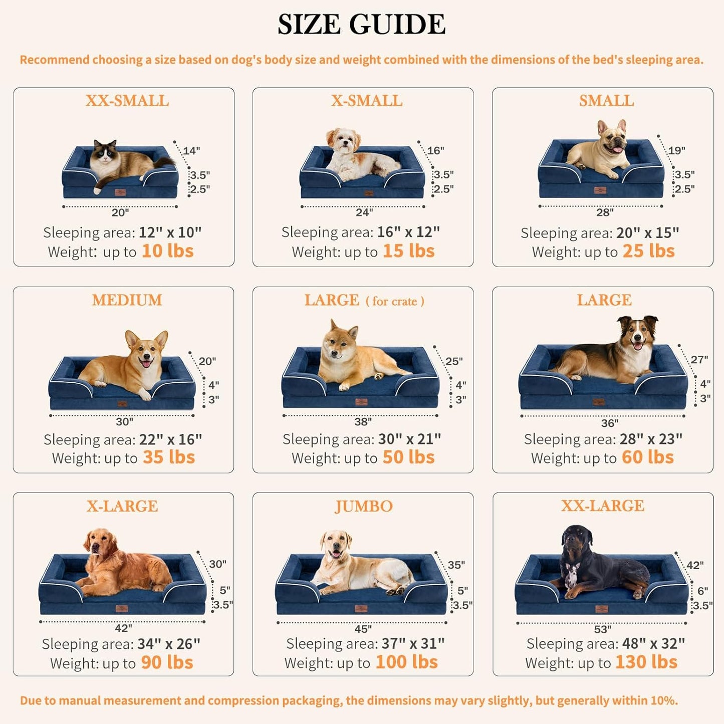 Comfort Expression Extra Large Dog Beds, Waterproof Orthopedic Foam Dog Beds, XL Dogs Bed with Bolster, Washable Dogs Sofa Pet Bed with Removable Cover & Non-Slip Bottom(X-Large,Navy Blue)
