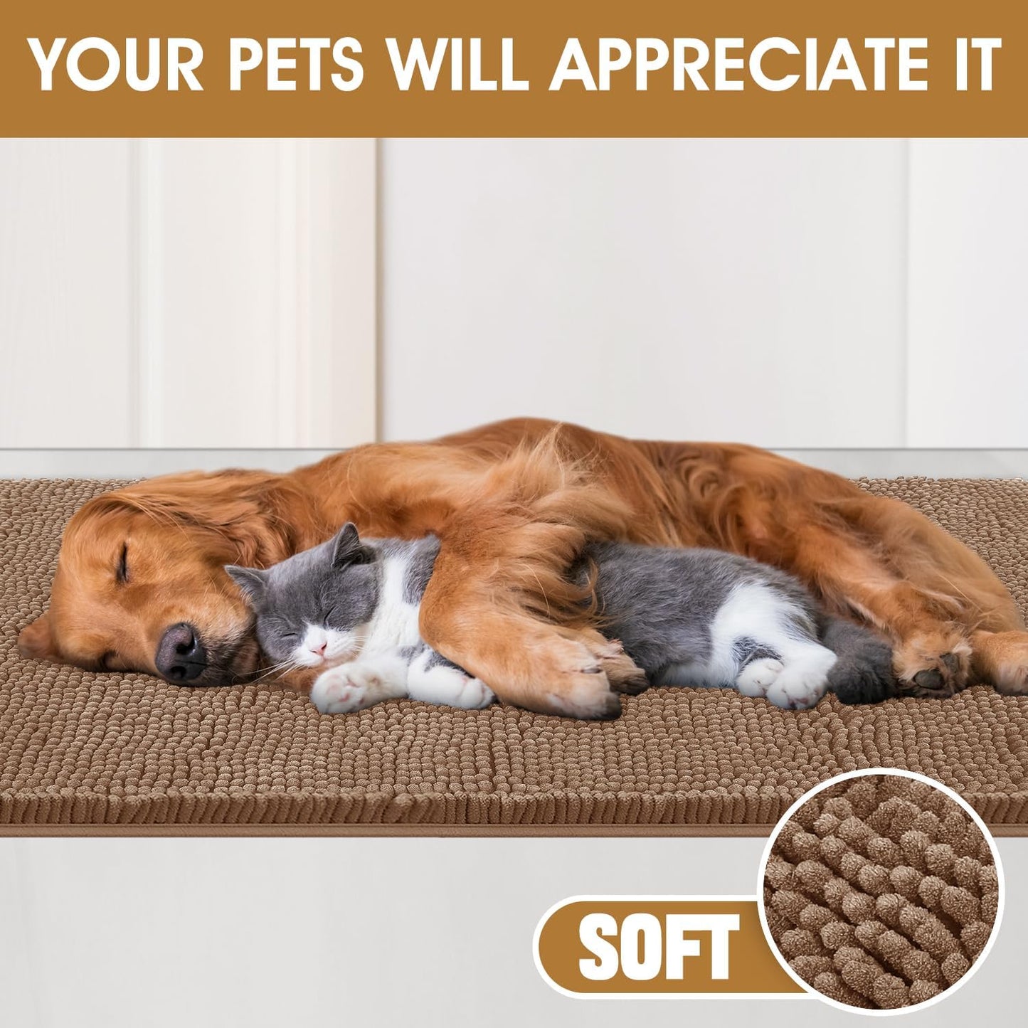 Dog Door Mats for Muddy Paws, Chenille Absorbent Door Mats, Non Slip Heavy Mud Mat for Dogs, Soft Indoor Door Mat for Entryway, Mud Paws, Inside Floor,36" X 24", Camel