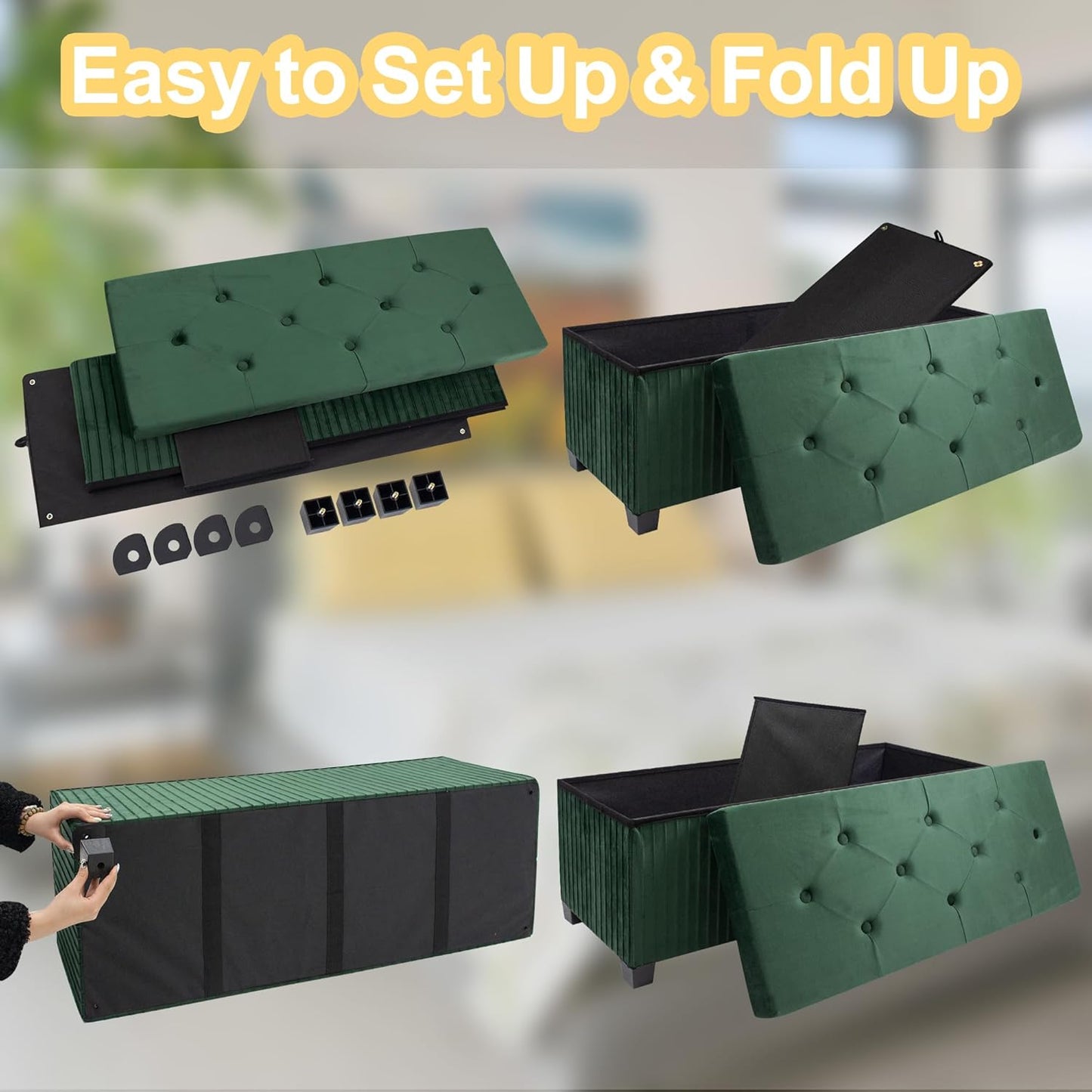 Storage Ottoman Bench, 43 Inch Foldable Ottoman with Legs, Velvet Foot Rest Stool, End of Bed Bench, Storage Chest for Living Room, Bedroom (Green)