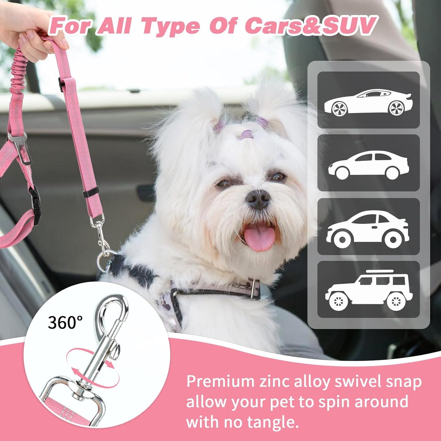BWOGUE 2 Piece Dog Seat Belt for Car with Elastic Bungee Buffer Safety Seatbelt Car Headrest Restraint Wear Adjustable Metal Buckle Harness in Vehicle Travel for Pet
