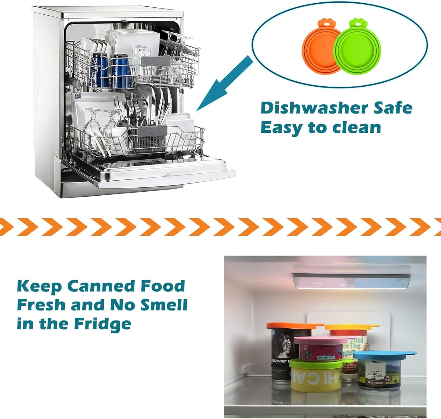 PetBonus 2 Pack Silicone Pet Can Cover Lids, Universal Size for Dog Cat Food, 1 fit 3 Standard Size Can Tops, BPA Free Dishwasher Safe (Orange, Green)