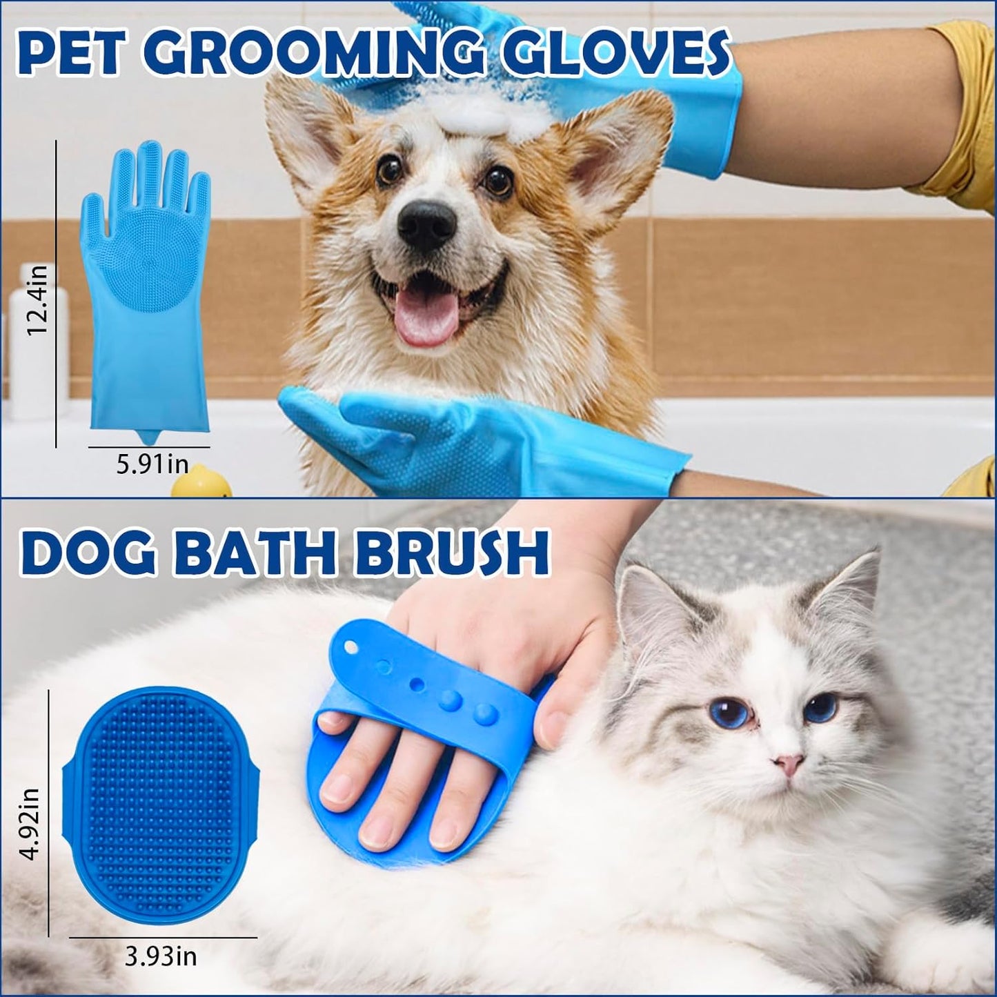 Dog Grooming Brush Set – 5-Piece Kit for Medium & Long-Haired Dogs | Includes Long Pin Brush, Flea Comb, Bath Glove, Silicone Glove, Metal Comb | For Poodles, Huskies & More (Blue)