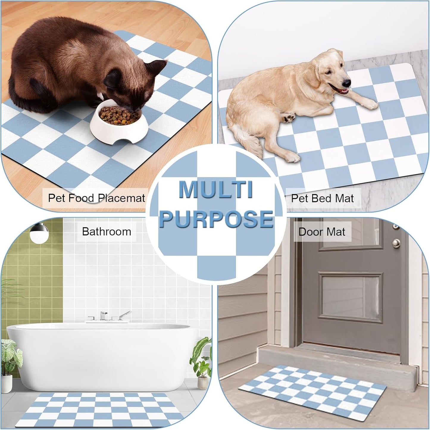 Pet Feeding Mat, 16"x 24" Absorbent Dog Food Mat, Checkered Cat Bowl Mats, Easy to Clean Pet Placemats, Quick Dry Dog Water Dispenser Mats for Messy Drinkers, Blue & White