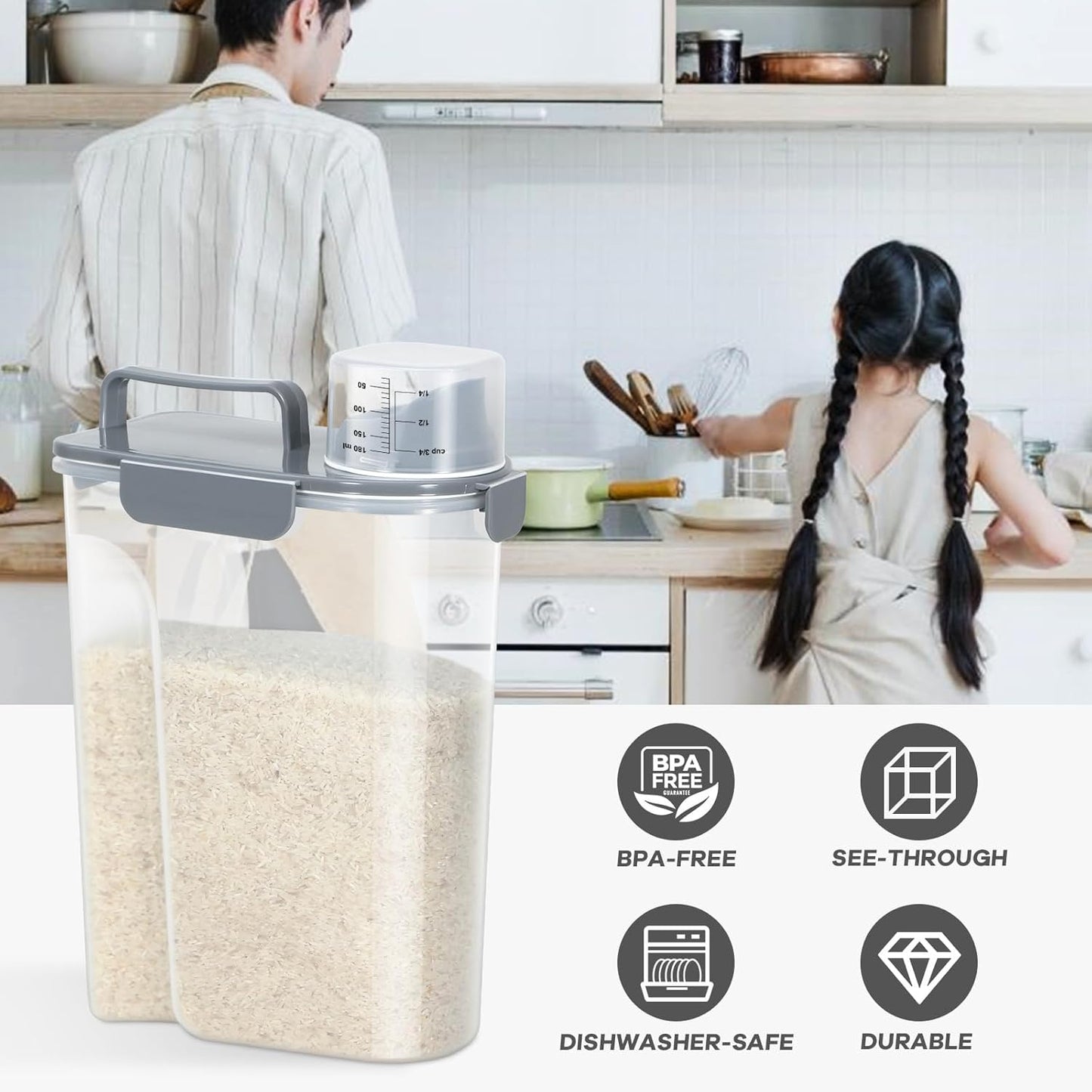 Rice Storage Container 10 Lbs, Airtight Food Dispenser with Large Spout and Cup for Pet Dog Cat Food Storage 7 Lbs