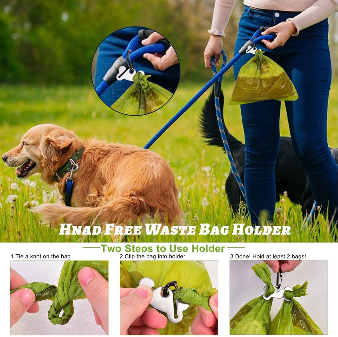 Dog Poop Bag Holder for Leash Attachment - Waste Bag Dispenser for Leash - Fits Any Dog Leash - Portable Set with Hand Free Holder Metal Carrier, Round Shape, Grey