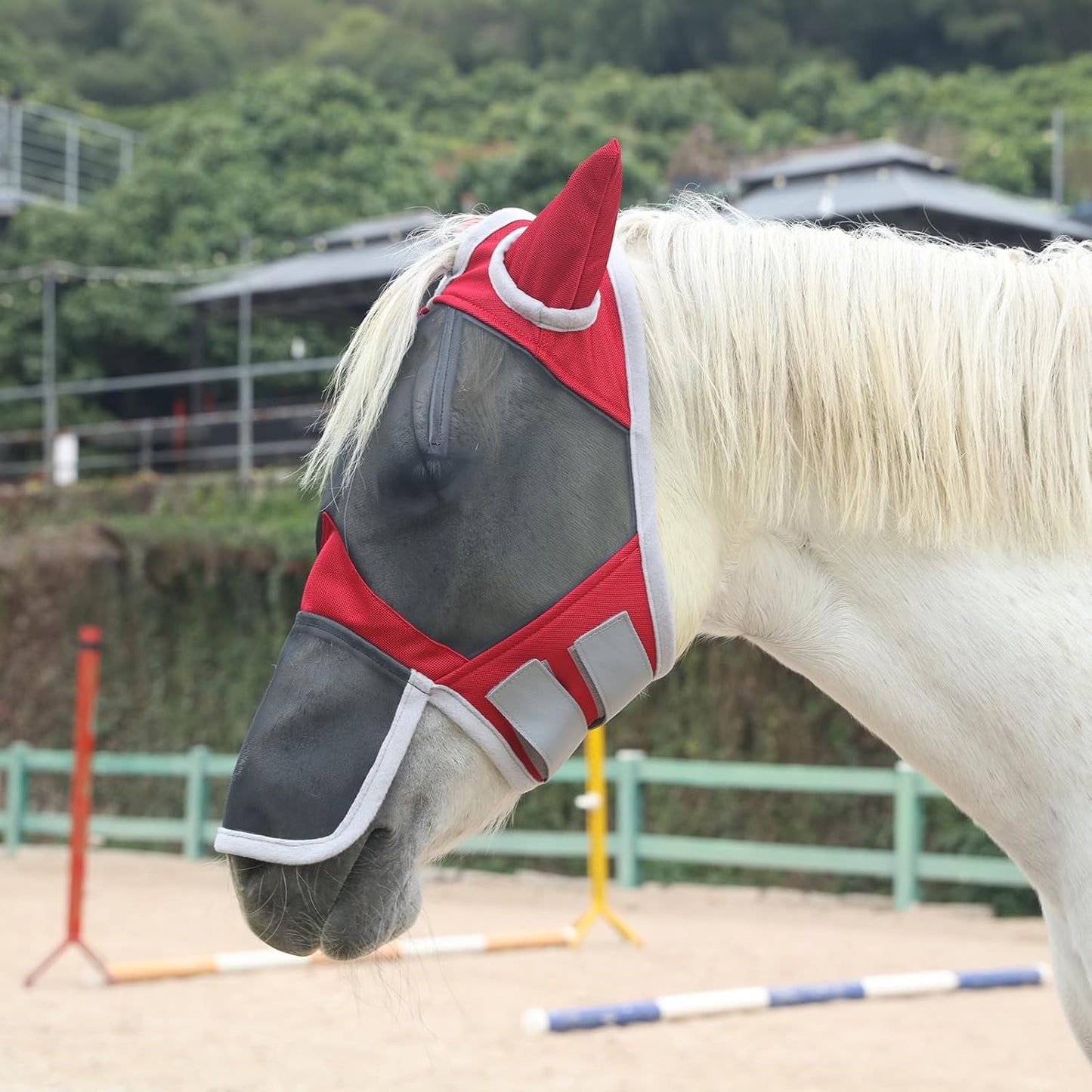 Horse Fly Mask with Ears & Long Nose Cover | Forelock Opening for Tangle-Free Mane Care | UV Protection & Breathable Mesh | No Rub Fit and Enhanced Visbility for Trail Riding Red Pony