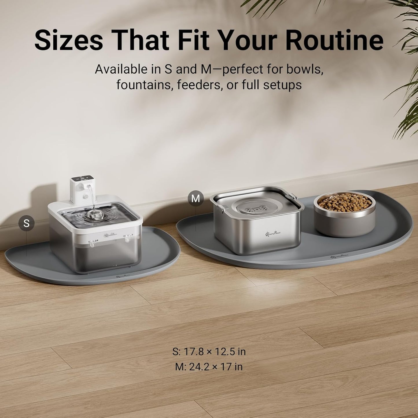 DownyPaws Dog Food Mats for Floors Waterproof, BPA Free Silcone Dog Bowl Mat, Non-Slip Pet Feeding Mat with High Raised Edge, Cat Placemat for Messy Drinkers, 18"×12.5", Light Gray