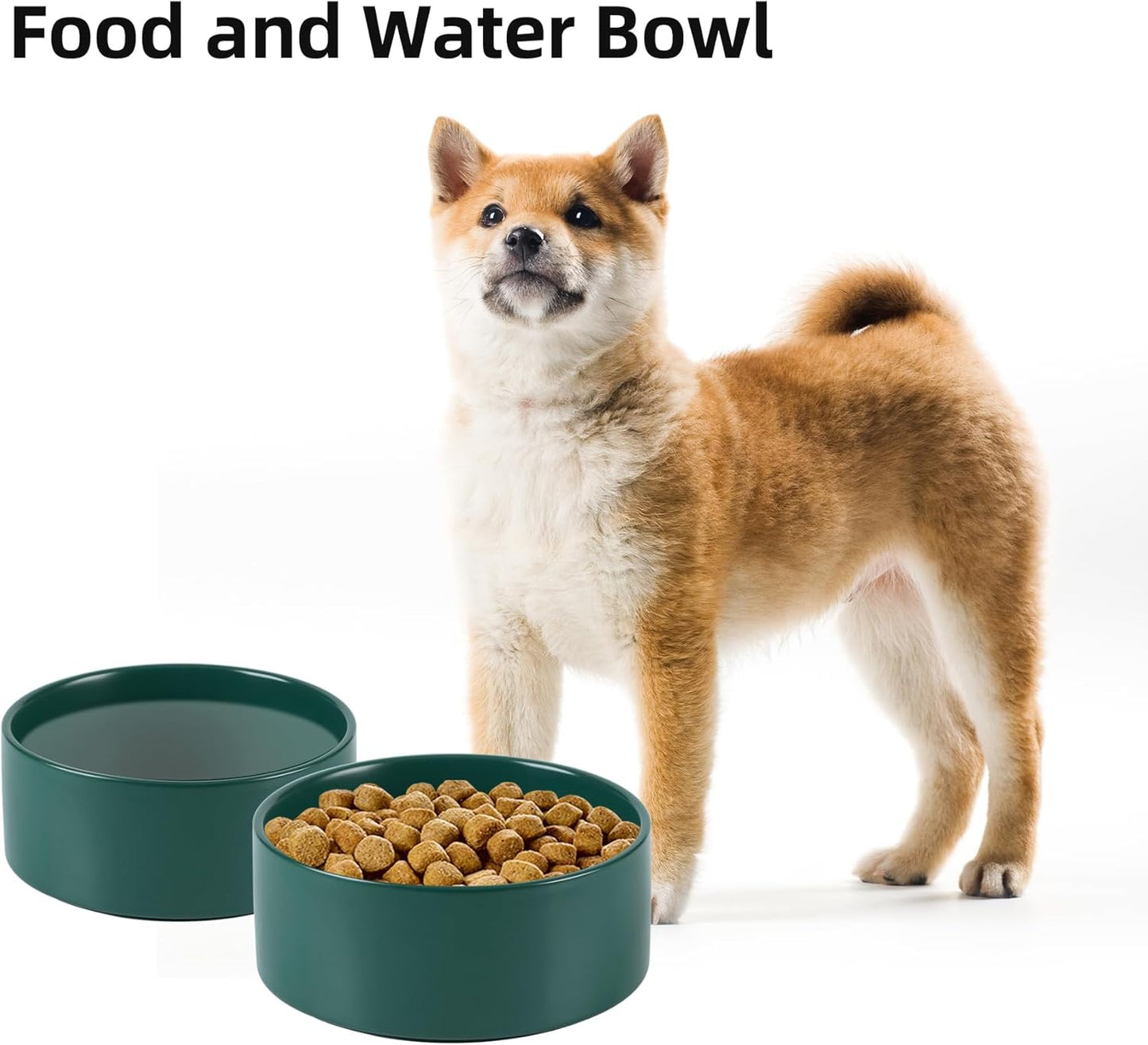 Ceramic Dog Bowl, Food and Water Bowl for Medium Breed Dog, Pet Bowl for Replacement (7.3 inch, Single Bowl, Green)