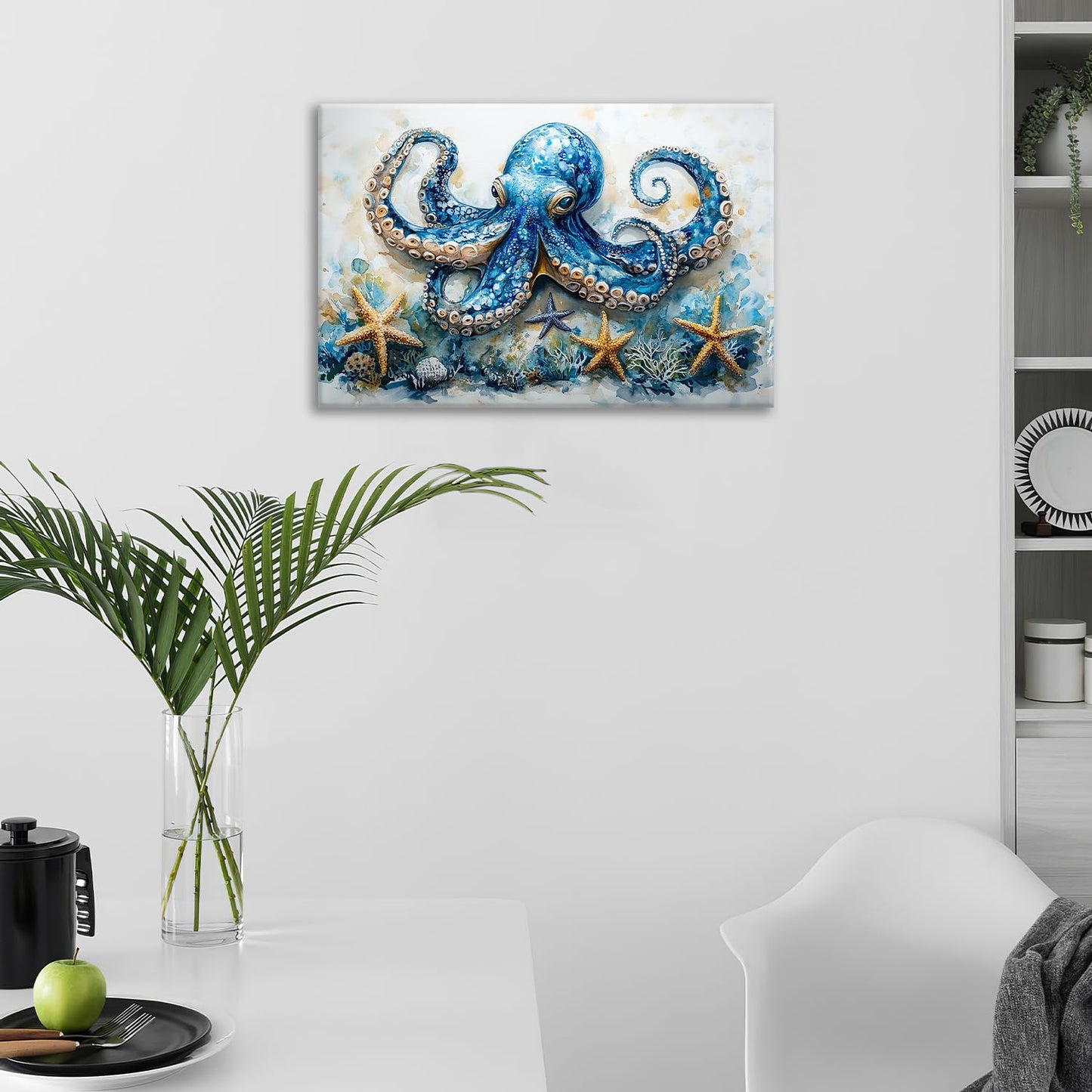 Octopus Bathroom Pictures Wall Art, Sea Animal Ocean Bathroom Wall Decor, Nautical Framed Painting Canvas Artwork for Bedroom Living Room Decorations 24"L x 16"W
