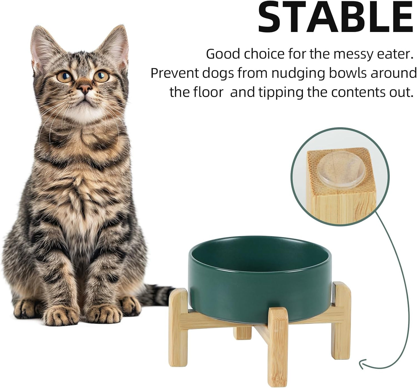 Ceramic Raised Dog and Cat Bowl Set, 2 Heights Elevated Stand, Food and Water Bowl for Small Breed Dogs, Cats, Kitty, Weighted Dog Dishes, Pet Bowls(5.1'',13.5oz, Green)