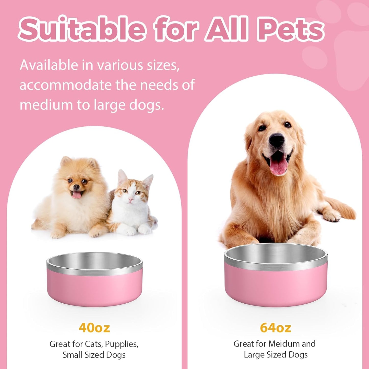 LIANLAI Dog Bowls Large Sized, Rust-Resistant Stainless Steel Dog Bowls, Non Slip Puppy Dishes, Dishwasher Safe (Pink,64 oz)