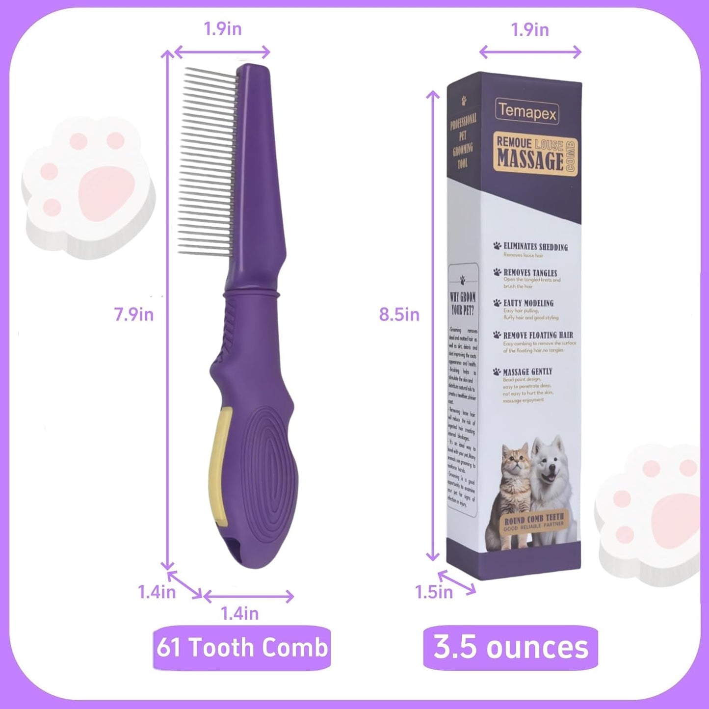 Pet Comb for Grooming Long Haired Cats & Dogs With Stainless Steel Metal Teeth for Shedding and Tangles, Non-slip & Anti-static rubber handle,Safe & Gentle Pet Grooming Comb