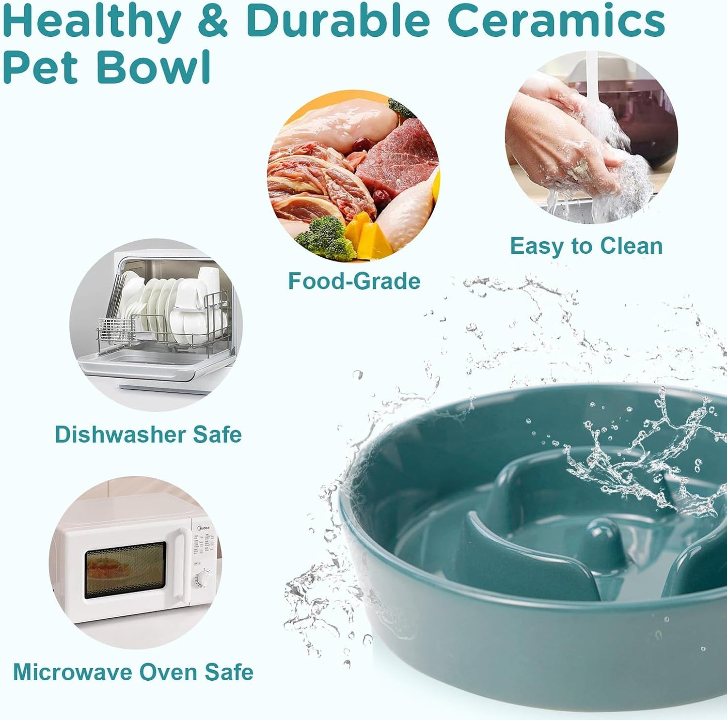 SPUNKYJUNKY Ceramic Elevated Dog Bowls with Slow Feeder Raised with Acacia Bamboo Wooden Stand, 6.1'' Dog and Cat Food Water Bowls Set Non-Slip for Small Medium Sized Breed - Dark Green