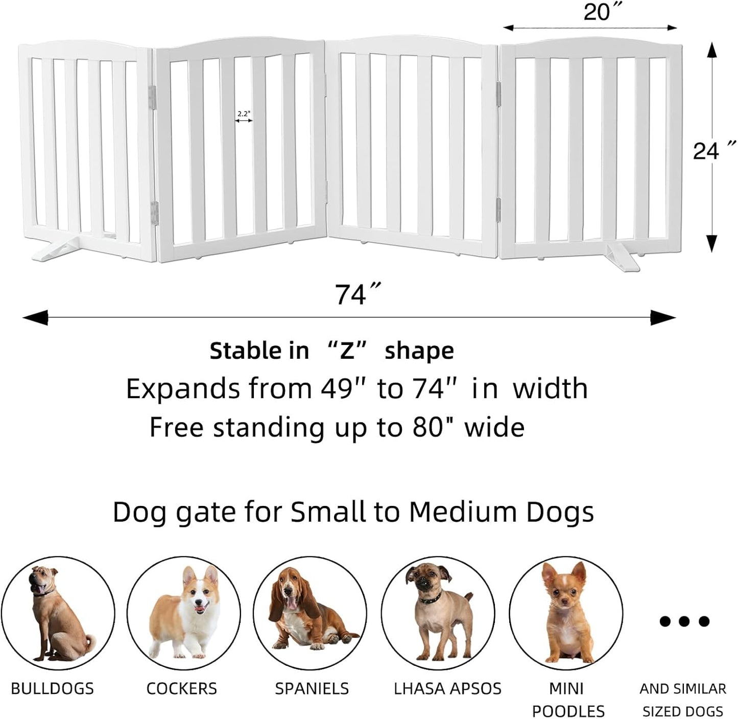 ZJSF Foldable Freestanding Indoor Dog Gate for House Wood White Long Pet Gates Dog Fence for Stairs Puppy Gates for Hallways,Pet Fence, Puppy Gate,Support Feet Included 24 "Height-4 Panels