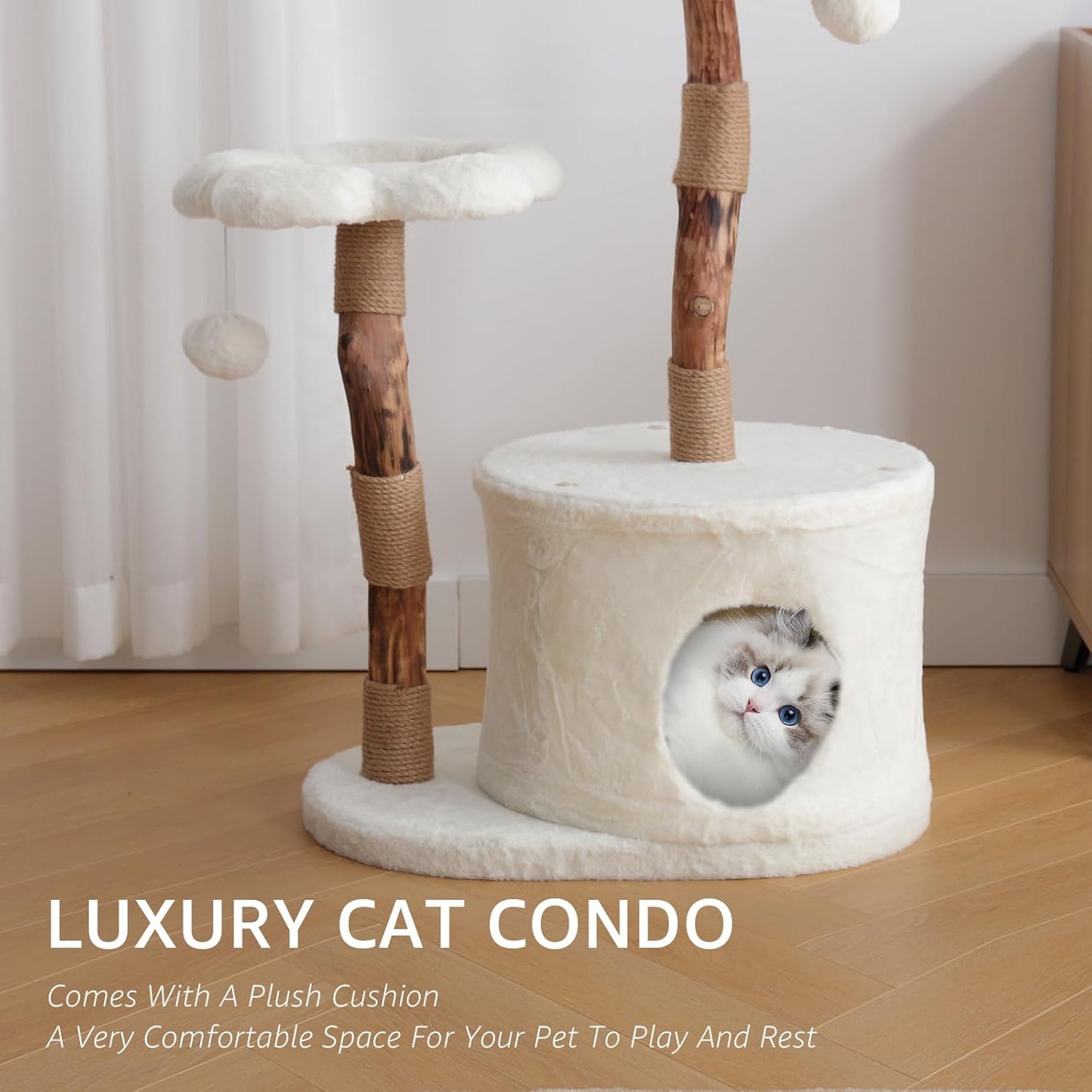 NATURAL EXPRESSIONS Modern Cat Tree and Tower for Indoor, Luxury Solid Wood Condo for Large Cats, Flower Cat Tree with Scratching Post, Cat Climbing Furniture with Cat Hiding Enclosure