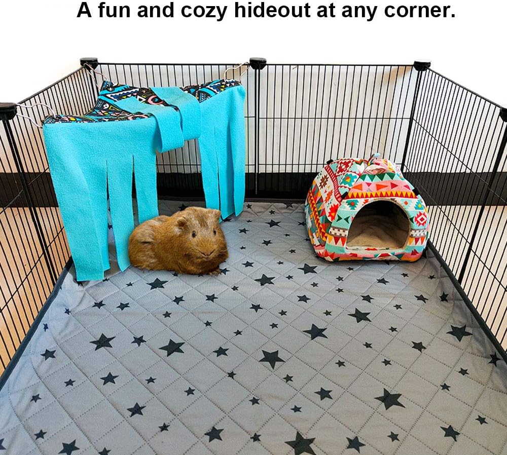 RIOUSSI Guinea Pig Hideout Hideaway Corner Fleece Toys Cage Accessories with Reversible Sides, Geo/Gray+Blue x 1 Curtain