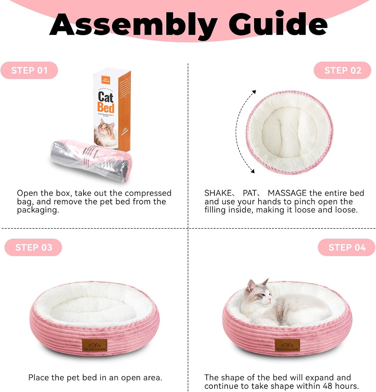 20in Washable Cat Beds for Indoor Cats - Round Donut Pet Bed for Cats, Small Dogs, Puppy, Kitten - Anti-Slip Bottom, Calming Bed Gift - Pink