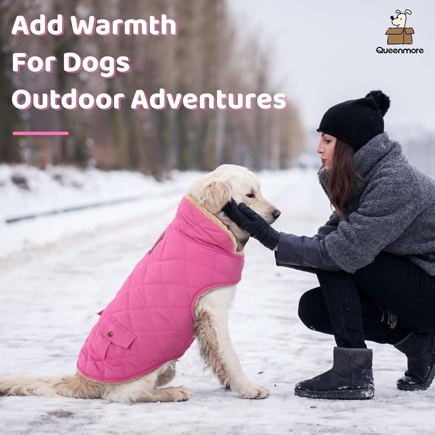 Queenmore Dog Winter Coat - Fleece Jacket, Waterproof Cold Weather Dog Clothes, Thick Warm Cotton Padding, Easy On Storage Pockets (Pink, X-Small)