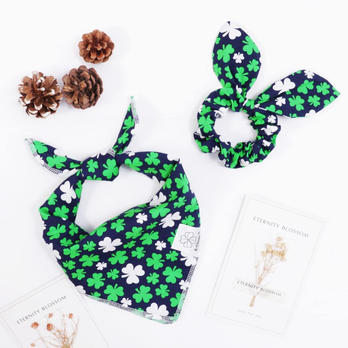 E-Clover Spring Dog Bandana & Matching Scrunchie Set Shamrock Lucky Dog Bandanas Scarf with Bow Hair Ties for Medium Large Dogs & Pet Owner Mom