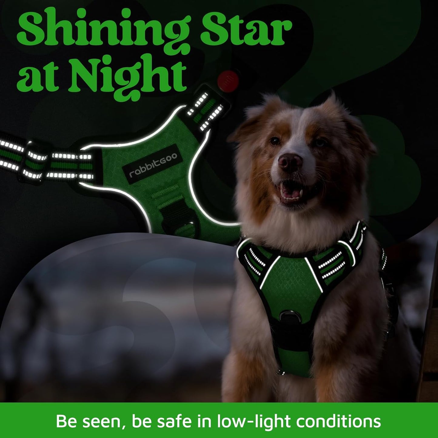 rabbitgoo Dog Harness Medium Sized, No Pull Dog Vest with 3 Buckles, Adjustable Soft Padded Pet Harness with Easy Control Handle and Reflective Strips, Green, M