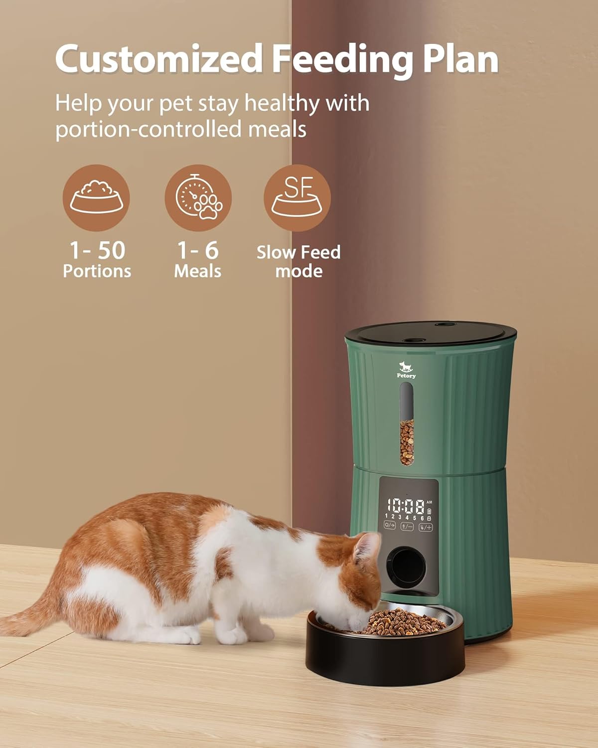 Petory Timed Automatic Cat Feeders - 4L Programable Dry Food Dispenser for Cats and Small Medium Dogs 6 Meals with Desiccant Bag Dual Power Supply 10S Voice Recorder